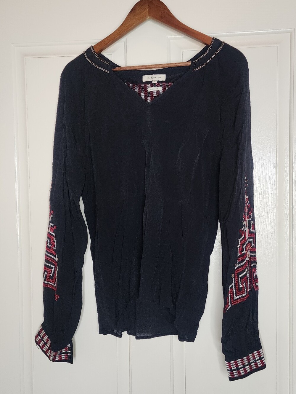 MM Vintage Black Embroidered Boho Peasant Blouse Size Small